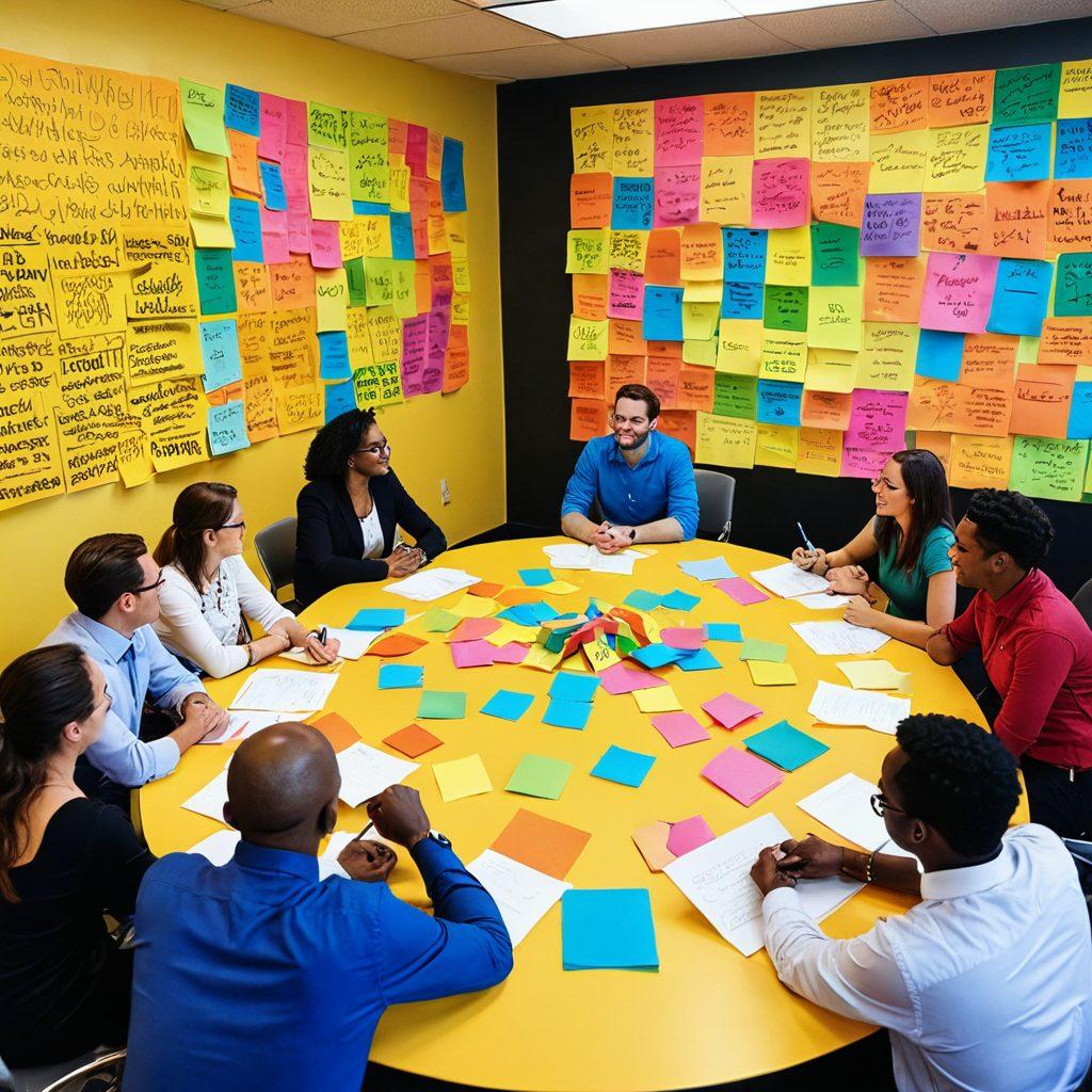 A vibrant community meeting scene showcasing diverse individuals engaged in discussions, brainstorming ideas on a large paper. Centered is a round table filled with colorful post-it notes, laptops, and water bottles, symbolizing collaboration and action. In the background, a mural depicting community growth and connection adds warmth and energy. People reflect enthusiasm and determination while various tools and resources for community development are scattered around. vibrant colors. super-realistic.
