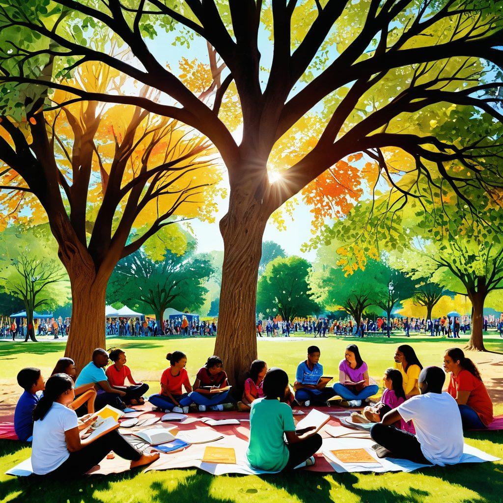 A vibrant community gathering scene, featuring diverse individuals of all ages engaging in various educational activities, such as reading, discussing, and sharing resources under a large tree. Warm, inviting colors evoke a sense of love and togetherness, with books, art supplies, and colorful banners promoting local engagement. The background showcases a sunny park with playful children and families enjoying their time together. super-realistic. vibrant colors. community-focused.
