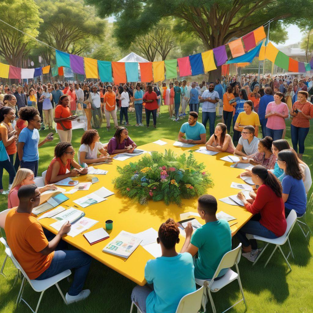 A vibrant community gathering in an urban park, showcasing diverse individuals engaged in a workshop, exchanging ideas, and using educational materials. Surround them with lush greenery and banners promoting educational resources, symbolizing collaboration and local empowerment. Include elements like books, digital devices, and art supplies scattered around to emphasize learning and engagement. Bright colors and a lively atmosphere to convey positivity and transformation. super-realistic. vibrant colors. 3D.